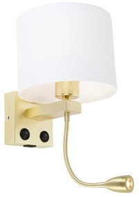 Kinkiet / Lampa scienna złoty z USB i kloszem biały 18 cm - Brescia Combi Nowoczesny Oswietlenie wewnetrzne