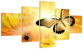 Obraz - Żółty motyl z kwiatkiem (125x70 cm)