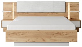 Łóżko z szafkami nocnymi 160 x 200 cm - Z oświetleniem LED - Naturalny i biały + Stelaż - ELYNIA