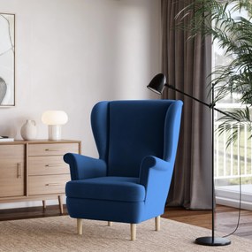 Luksusowy fotel LENTIO stylowy uszak w niebieskiej tkaninie, plusz velvet