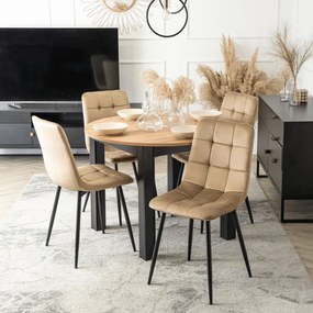 Zestaw Stół Okrągły Rozkładany HARRY 102-142 cm Dąb Craft/Czarny i 4 Krzesła Tapicerowane PERU Beżowe Welurowe Nowoczesne
