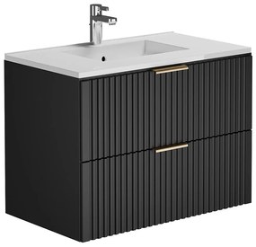 Szafka łazienkowa wisząca ryflowana z umywalką wpuszczaną w blat - Czarny - 80 cm - ZEVARA