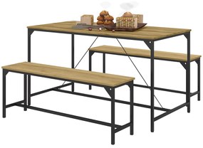 HOMCOM Zestaw jadalniany, Stół & 2 Ławki, Design Industrialny, Rama Stalowa, Dekor Drewniany/Czarny