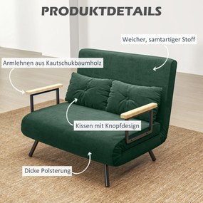 HOMCOM Sofa rozkładana 2-osobowa welurowa, funkcja spania, w zestawie 2 poduszki, welurowe wykończenie, Naturalny + Zielony