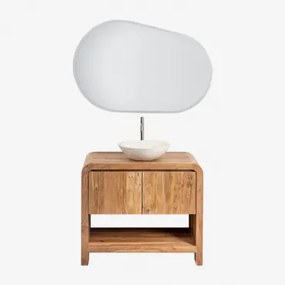 Zestaw Mebli Łazienkowych Z Drewna Vacry Akacja Brąz & Cement Okrągły Biały Ø40 Cm Zavion & Owalna Lampa Led I Przeciwmgielna 100x80 Cm Riben & Szczot