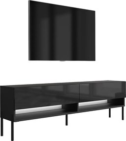 Szafka pod telewizor 170 cm Czarny Mat / Czarny Połysk, nóżki proste czarne, LED biały, 170 × 32 × 52 cm