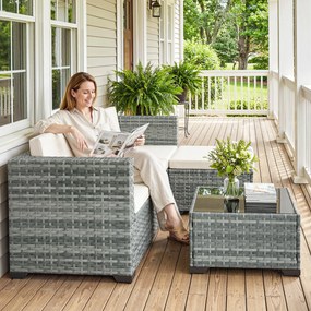 Outsunny Polyrattan Zestaw Mebli Ogrodowych 5-częściowy, Sofa Narożna z Podnóżkiem i Stolik Kawowy, Kremowy + Szary | Aosom PL