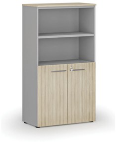 Szafa biurowa kombinowana PRIMO GRAY, drzwi na 2 poziomach, 1434 x 800 x 420 mm, szary/dąb naturalny