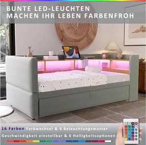 Sofa rozkładana z wysuwaną ławką - 2 x 90 x 190 cm - Przechowywanie + diody LED + gniazda ładowania - Drewno lite - Jasnoszary