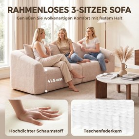 HOMCOM Sofa 3-osobowa, Chenille Cloud bez ramy, grube wkłady kieszeniowe, ekstra szerokie siedzisko, 3 poduszki, beżowy | Aosom PL
