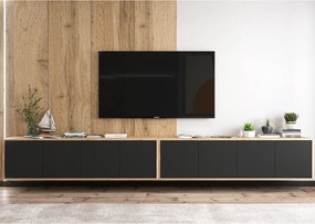 Szafka RTV z 8 drzwiami – korpus dąb Wotan, fronty czarny mat – 300 cm