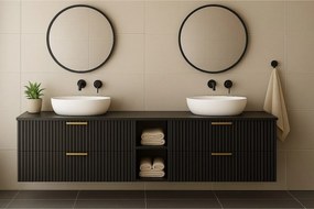 Czarna szafka łazienkowa ryflowana FLOW 180 cm z regałem i blatem