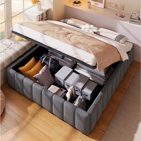 Łóżko ze schowkiem 140 x 200 cm bez wezgłowia - Tkanina lniana - Stelaż z listew w zestawie - Szare (bez materaca)