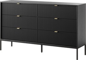 Komoda: 6 szuflad, kolor czarny, nogi czarne, 154 x 39 x 83 cm, uchwyty złote
