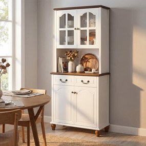 HOMCOM Szafka kuchenna z 2 szufladami, wysoki szafką z otwartą półką, szafka z witryną i funkcją Soft-Close do salonu, kuchni, 76 x 38 x 182 cm, biały