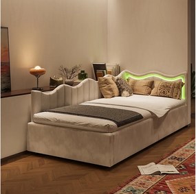 Sofa dziecięca z funkcją spania 90×200 cm ze schowkiem i kolorowymi diodami LED – plusz w kolorze beżowym