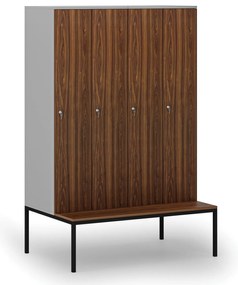 Drewniana szafa ubraniowa S4 z ławką, 4-drzwiowa, 1871 x 1200 x 500/800 mm, demontaż, zamek cylindryczny, szary/orzech