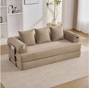 Sofa 3-osobowa rozkładana - 200 x 94 x 67 cm - z kieszeniami bocznymi + 3 poduszki - aksamit - khaki