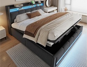 Miękko wyściełane łóżko ze schowkiem 180x200 cm - z oświetleniem LED - z USB - len - szary (materac nie jest wliczony w cenę)