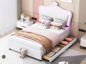 Łóżko dziecięce z ekoskóry 90x200 cm - z LED i 2 szufladami - z stelażem na listwy - Białe