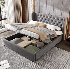 Łóżko z pojemnikiem 160 x 200 cm - Tapicerowany zagłówek z ćwiekami - Szary aksamit - Materac nie jest wliczony w cenę