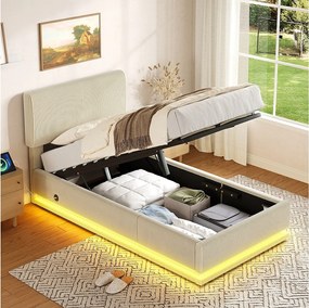 Łóżko tapicerowane hydrauliczne ze schowkiem - 90 x 200 cm - z diodami LED + USB + regulowany zagłówek - welur - beż