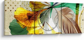 Obraz - Liście z piórami (z zegarem) (90x30 cm)