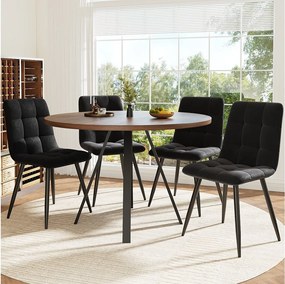 Zestaw okrągły stół + 4 krzesła z czarnego aksamitu bez podłokietników - D 80 x W 75 cm - Drewno MDF - Kolor orzecha