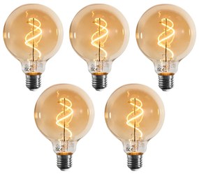 Zestaw 5 ściemnialnych żarówek LED E27 z żarnikiem spiralnym G95, złote, 4W 270LM 2100K