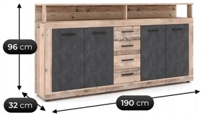 Komoda Czterodrzwiowa BLAGO 190 cm Surowy Dąb/Czarny Loft