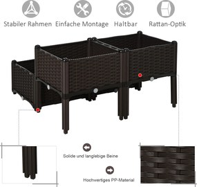 Outsunny podwyższona grządka 4-częściowa skrzynia na rośliny z otworami odpływowymi, skrzynki na kwiaty o wyglądzie rattanu, PP, brązowy