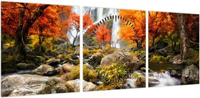 Obraz - Wodospady w jesiennym krajobrazie, pomarańczowy (z zegarem) (90x30 cm)
