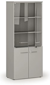Szafa biurowa kombinowana PRIMO GRAY z drzwiami drewnianymi i szklanymi, 800 x 420 x 1781 mm, szary