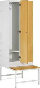 Szafka ubraniowa S1 z ławką, 2-drzwiowa, 1875 x 600 x 500/800 mm, zamek RFID, drzwi laminowane, biała