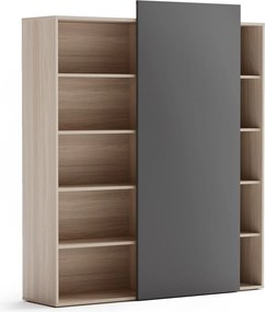 Regał biurowy z przesuwnym panelem BLOCK, 1600 x 400 x 1748 mm, dąb naturalny/grafitowa