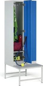 Szafka ubraniowa S1 z ławką, 2-drzwiowa, 1875 x 600 x 500/800 mm, zamek cylindryczny, drzwi niebieskie