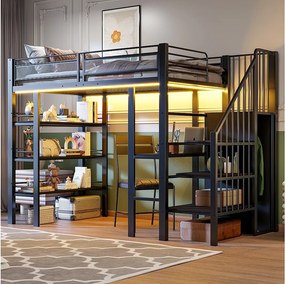 Łóżko piętrowe metalowe dla dzieci - 90 x 200 cm - z diodami LED + gniazdko elektryczne + półka + biurko - metalowe - czarne