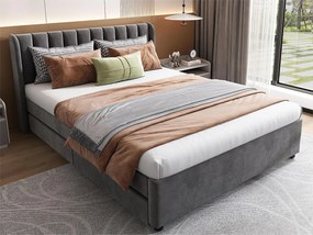 Łóżko z 2 szufladami - 140 x 200 cm - aksamit - stelaż listwowy - szare