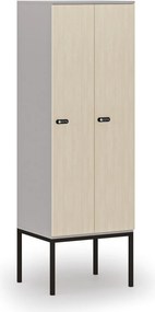 Drewniana szafa ubraniowa S4 z podstawą, 2-drzwiowa, 1871 x 600 x 500 mm, demontaż, zamek mechaniczny z kodem, szary/brzoza