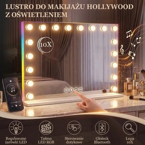 HOMCOM Hollywoodzkie lustro do makijażu z 18 regulowanymi żarówkami LED, 3 kolory, światło RGB, głośnik Bluetooth, 10-krotne powiększenie Białe | Aosom PL