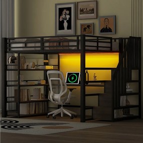 Łóżko piętrowe metalowe - 140 x 200 cm - z drabinką + biurko + półka + USB + diody LED - MDF + metal - czarne