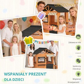 AIYAPLAY Drewniany domek dla dzieci z kuchnią, ławką, okienkami i drzwiami dla dzieci w wieku 3-8 lat, 171,5 x 146 x 156 cm, brązowy | Aosom PL