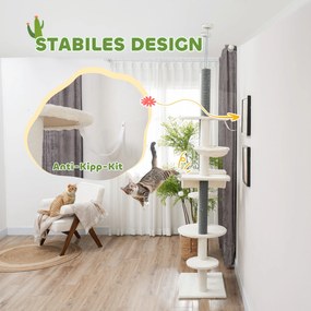 PawHut Drapak Sięgający Sufitu, Regulowany 225-255 cm, Platformy &amp; Hamaki, Zabezpieczenie Przed Przewróceniem, Biały