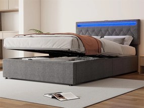 Łóżko z pojemnikiem 140x200 cm z tkaniny lnianej z LED - gniazda USB i Type-C na łóżku - z stelażem na listwy - Szary