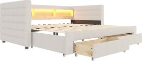Leżanka 90x190 cm, łóżko wysuwane z oświetleniem LED i USB, 2 szuflady - aksamitny beż (bez materaca)