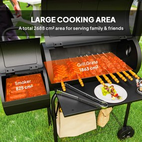 Outsunny Grill węglowy ze stali BBQ Smoker z pokrywą, termometrem, kołami, dopływem powietrza i wanienką na węgiel