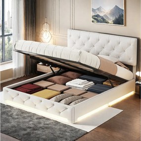 Łóżko z pojemnikiem dla dorosłych 140x200 cm beżowe lniane z LED, regulowany zagłówek, stelaż i hydrauliczny schowek, styl skandynawski