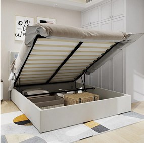 Łóżko ze schowkiem 140x200 cm z oświetleniem LED, drewniany stelaż z listew - beżowy aksamit (bez materaca)