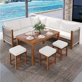 Zestaw mebli ogrodowych 7-8-osobowy - z poduszkami + sofa + 3 hokery + 1 stolik - akacja - beżowy + naturalny