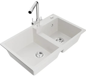 Mexen Tomas zlewozmywak granitowy 2-komorowy z baterią kuchenną Duero, biały - 6516-20-671600-00